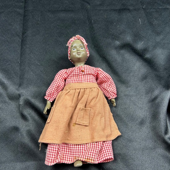 Other - Vintage Hard Plastic Black Americana Doll Red Gingham Dress Burlap Apron 7.5 In